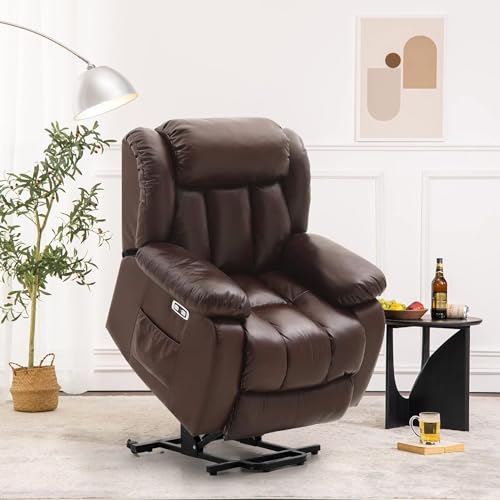 Genuine Leather Infinite Position Dual Motor Large Power Lift Chair Recliner for Elderly with Massage and Heating Lay Flat Electric Power Lift Recliner(Black)