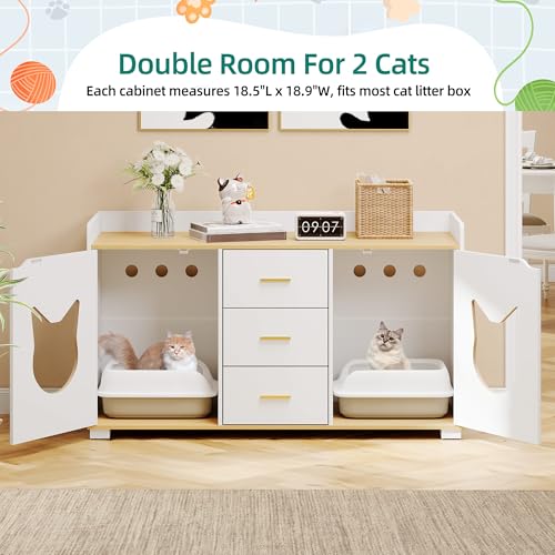 YITAHOME Cat Litter Box Enclosure with Double Room for 2 Cats, Storage Cabinet Design Large Hidden Litter Box Furniture with Drawers, Wooden Cat Washroom Furniture, White, 55" L x 19.7" W x 31.5" H