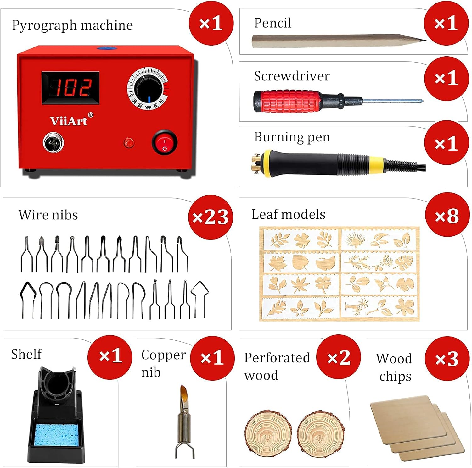ViiArt Wood Burning Kit Professional Digital Adjustable Wood Leather Pyrography Machine Kit Wood Burner Tool 24 Wire Tips(Single Pen)