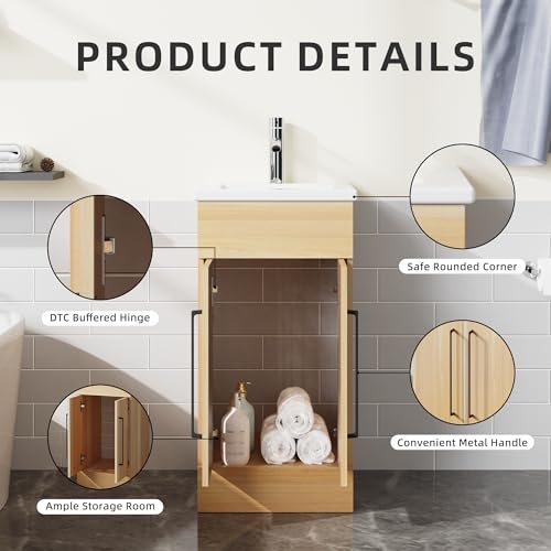 16” Bathroom Vanity Sink Combo for Small Space, Pedestal White Sink Storage Cabinet with 2 Doors, Oak