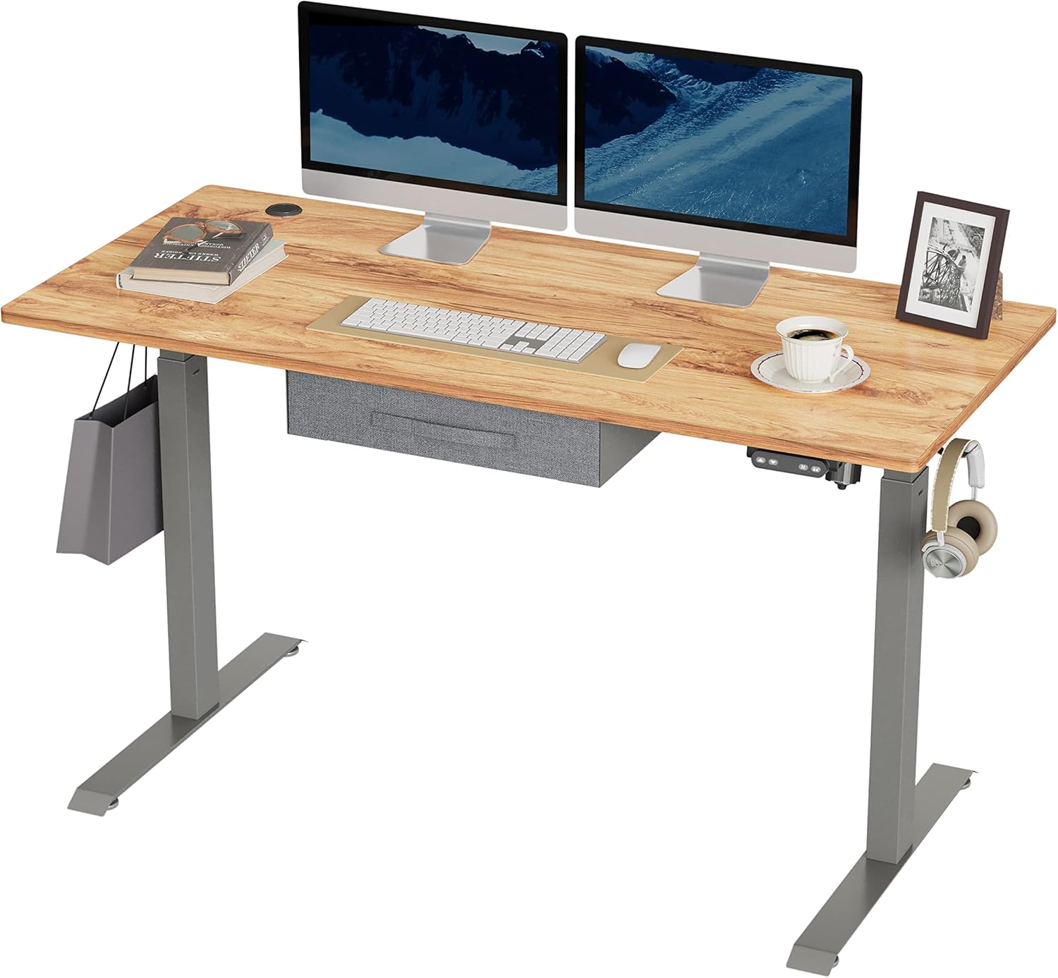 BANTI Adjustable Height Standing Desk with Drawers, 55x24 Inches Electric Stand Up Desk, Sit Stand Home Office Desk with White Frame/White Top