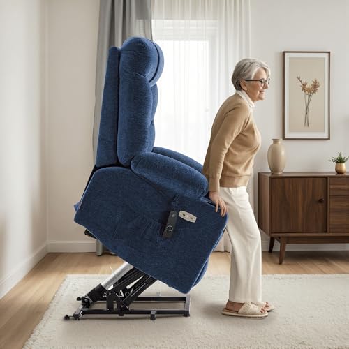 MCombo Power Lift Recliner Chair with Extended Footrest for Elderly People, Fabric 7287 (Navy Blue, Medium)