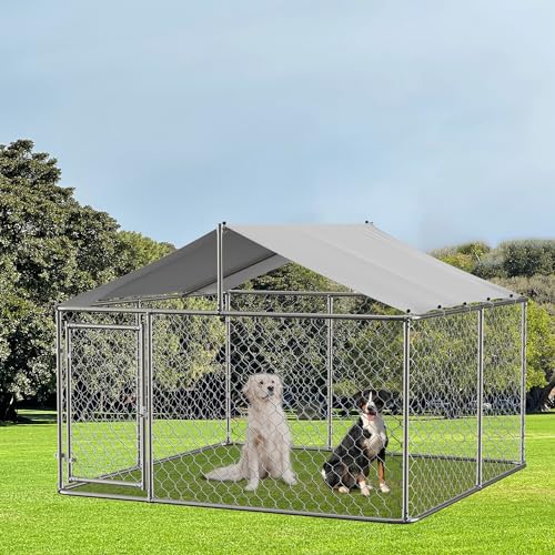 Outside Dog Kennel Pen with Roof, Outdoor Dogs Enclosure Large Galvanized Steel Chain Link Fence Pet House Cage Weather Resistant Heavy Duty for Backyard, 90 x 90 x 65 Inch