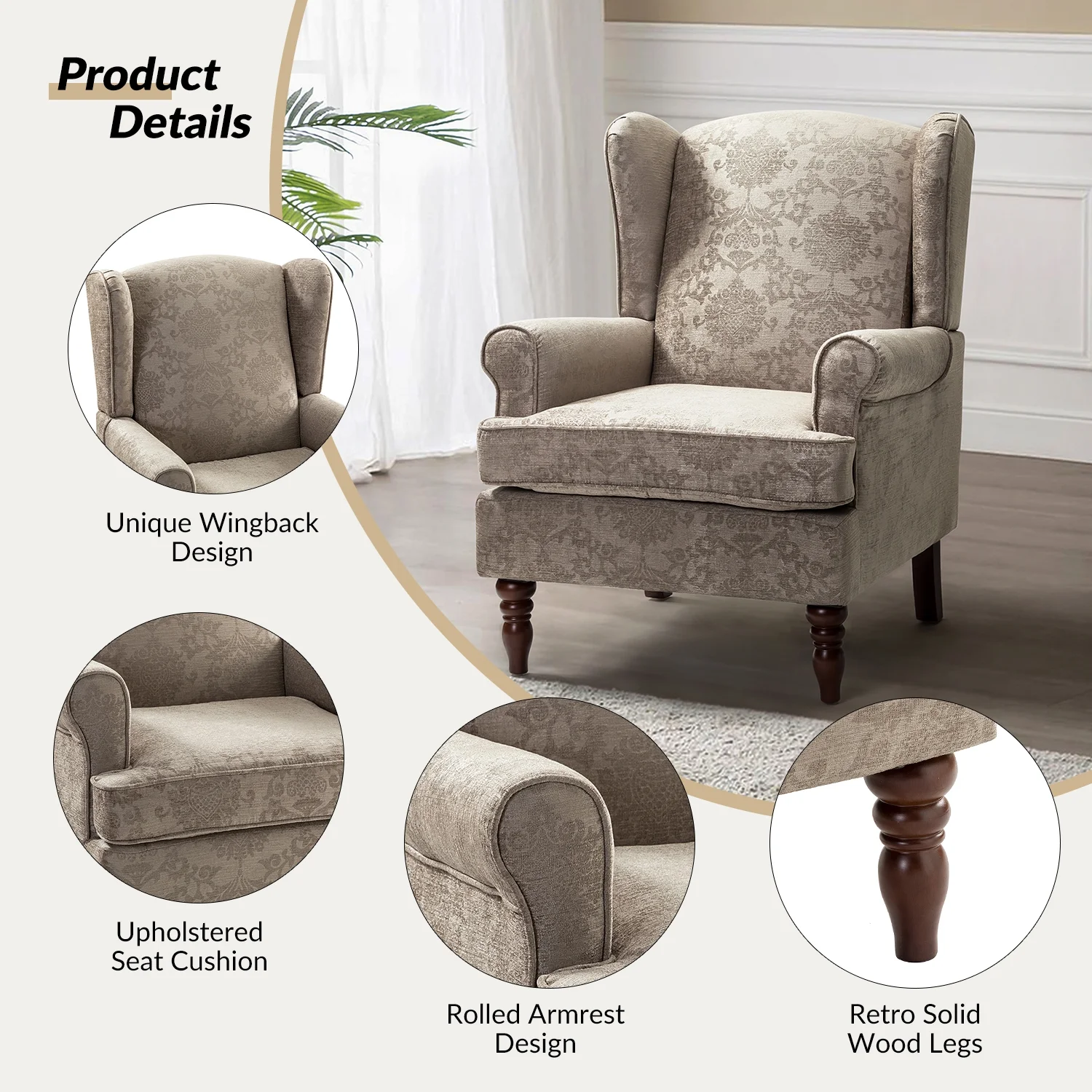 Wooden Upholstered Armchair Set of 2, with Wingback Lounge Sofa Accent Chair Turned Legs for Home Living Room & Bedroom, Brocade