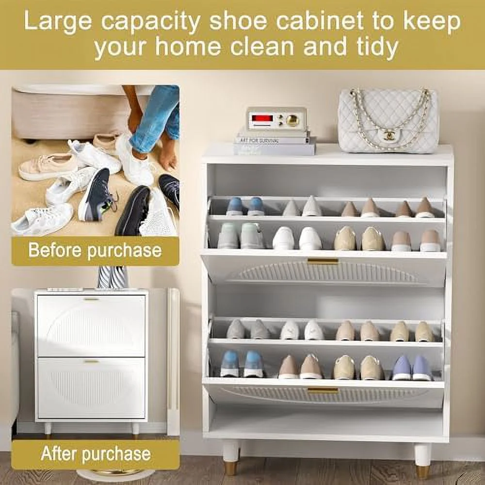 NLIBOOMLife Shoe Cabinet for Entryway Slim  Hidden Shoe  Cabinet White  Narrow Shoe Organizer with Doors  2 Flip Drawer Shoe Rack Cabinet with Doors  Thin Shoe Dresser Wood