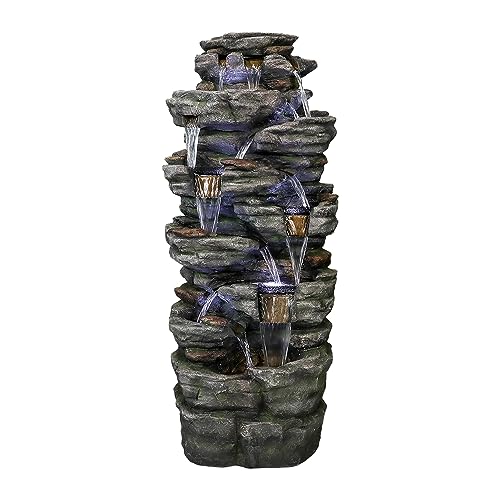 watnature Large Outdoor Water Fountain - 47 1/5” H 9-tier Outdoor Garden Fountain with LED Light, Stone-Liking Natural Looking Resin Waterfall Feature for Patio, Garden, Lawn, House&Office Decor