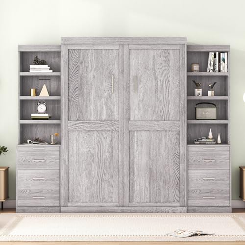 Solid Wood Full Size Murphy Bed Wall Bed with Shelves, Modern Murphy Bed Chest Cabinet Bed Closet Bed Platform Bed for Guest Room Home Office, Space-Saving Design (Grey-FL4)