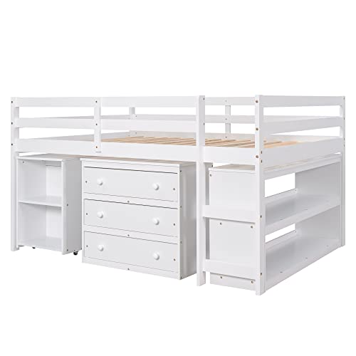 Maximized Space Functional Low Study Loft Bed with Desk, Cabinet, Bookshelf, and Rolling Portable Desk – High-Grade Pinewood Frame with Full-Length Guardrail for Enhanced Safety (White,Full)