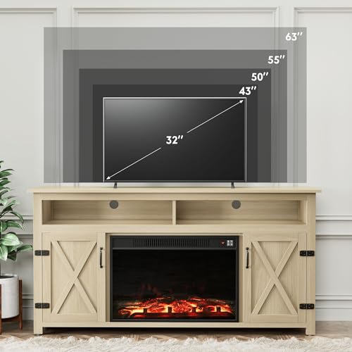 YESHOMY Farmhouse TV Stand for Televisions up to 65 Inches, Sliding Barn Doors and Storage Cabinets, Console Table and Media Furniture for Living Room, 58 Inch, Milk White