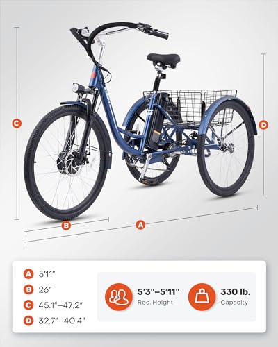 Viribus Electric Trike for Adults, 7 Speed Electric Tricycle for Adults with 48V 13Ah Battery, Front Suspension, 350W Motor, 3 Wheel Electric Bikes for Adults 24 26 inch Dual Chain, E Trike, Etrike