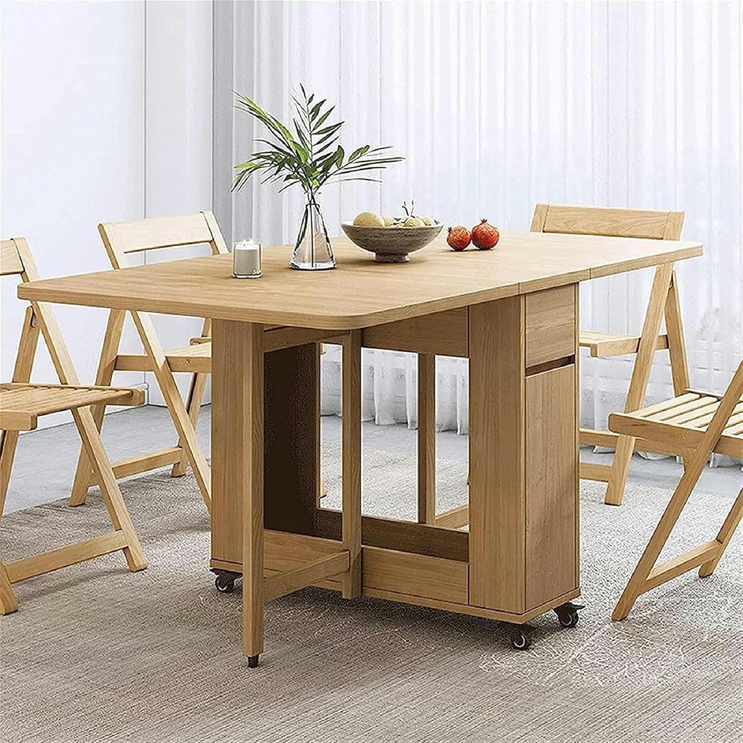 Wooden Extendable Dining Table Set with 4 Chairs, Drop Leaf Tables for Small Spaces On Moveable Wheels and 1 Drawers - Folding Dining Table Set