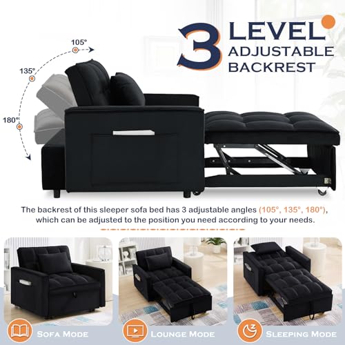 Sleeper Chair Bed,3 in 1 Convertible Sleeper Sofa,Velvet Tufted Upholstered Single Sofa Bed with Adjustable Backrest,Pull Out Recliner Lounger Bed for Living Room,Office,Apartment,Small Space(Grey)