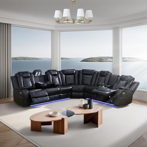 Power Recliner Sectional Sofa with LED Light, Breathing Leather Recliner Sofa Couch with USB Port/Cup Holder/Storage for Living Room (6 Seat Reclining Sectional Couch, Black)