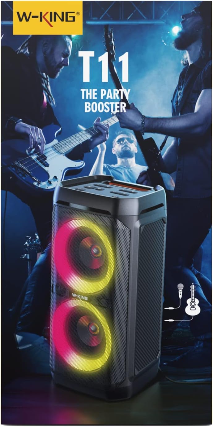 W-KING 220W Peak 100W RMS Bluetooth Speakers, IPX6 Waterproof, V5.3 Portable Party Boombox Speaker Wireless Deep Bass/115dB Loud Massive Sound,Karaoke Outdoor LED Lights/Mic & Guitar Port/Echo/USB/EQ