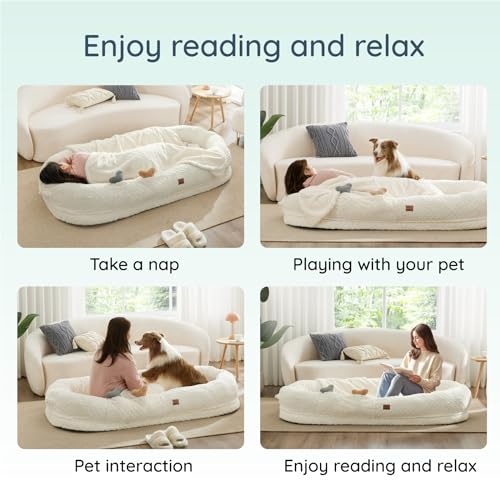 Human Dog Bed for Adult - Luxury Faux Fur Giant Human Size Dog Bed with Portable Handle, Egg Orthopedic Foam Dog Human Bed with Blanket, 72"x40"x10", Ivory White