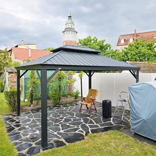 PURPLE LEAF 10' X 14' Permanent Hardtop Gazebo Aluminum Gazebo with Galvanized Steel Double Roof for Patio Lawn and Garden, Curtains and Netting Included, Grey