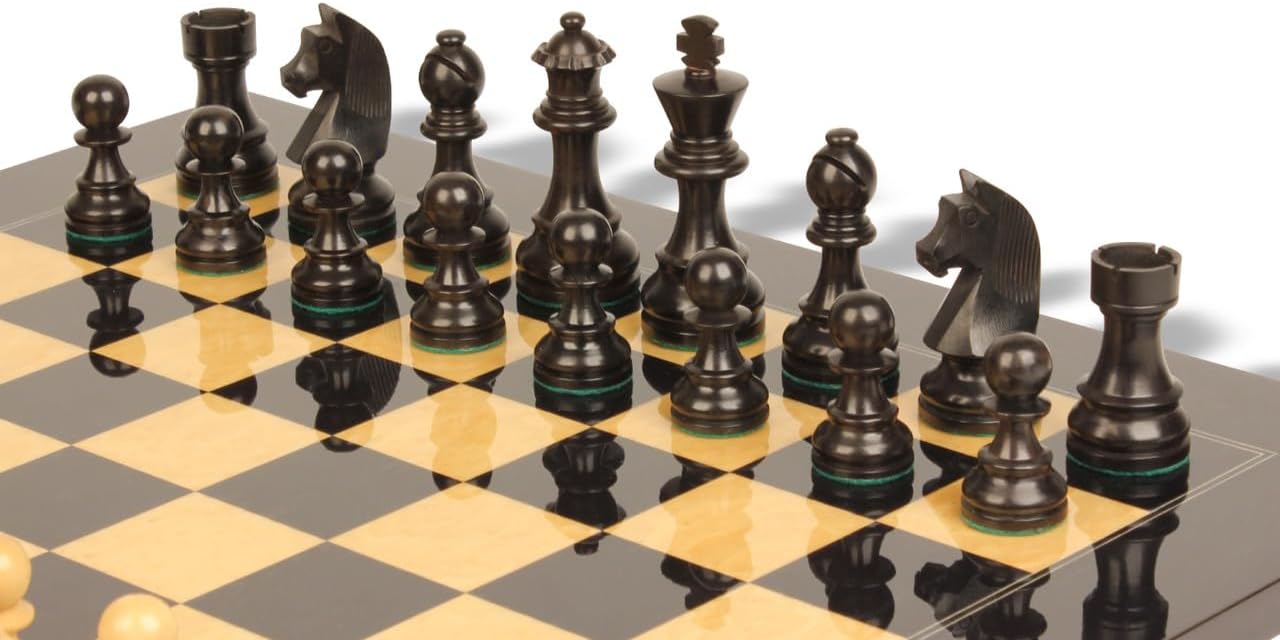 German Knight Staunton Chess Set Ebonized & Boxwood Pieces with Black & Ash Burl Chess Board - 3.75" King