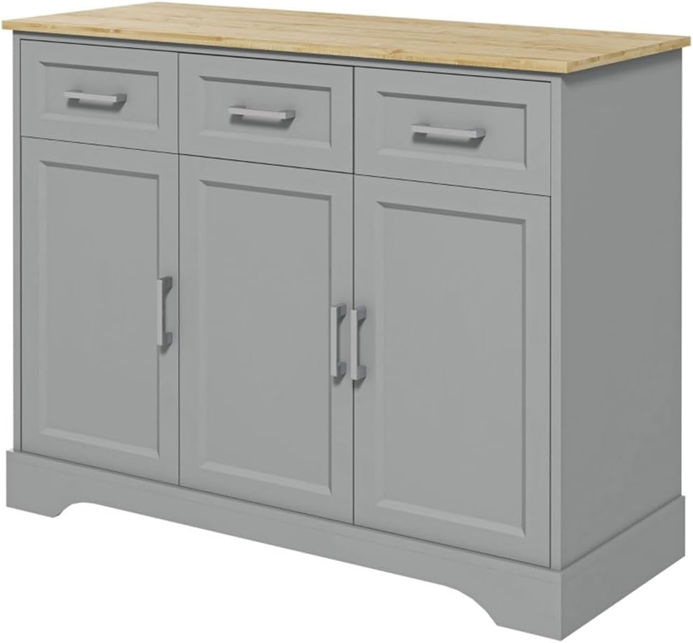 Sideboard with Solid Wood Countertop, Modern Kitchen Storage Cabinet, Coffee Bar Cabinet with 3 Drawers, Doors and Adjustable Shelf, Gray