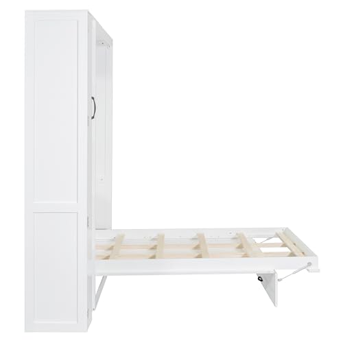 Full Size Murphy Wall Bed With Storage and Bookcase Headboard, Solid Wood Cabinets With Shelves, Drawers and USB Ports, Multi-Function Platform for Home Office, Guest Room - White