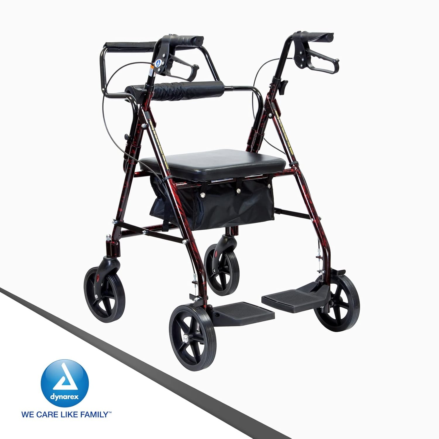 Dynarex DynaGo Duo Transport 4 Wheel Rollator - Stand-Up Rolling Walker and Seated Transport Wheelchair - Fold-Down Footrests, 300 lb. Weight Capacity, Red Frame, 1 Rollator
