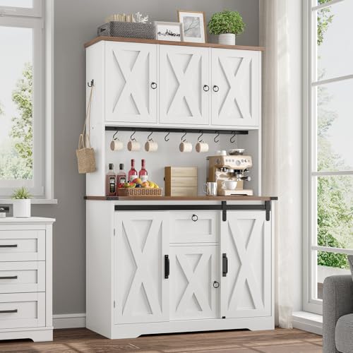 Kitchen Pantry Cabinet, Farmhouse Kitchen Cabinet with Drawer, Sliding Barn Doors Storage Cabinets with Adjustable Shelves for Dining Room, White
