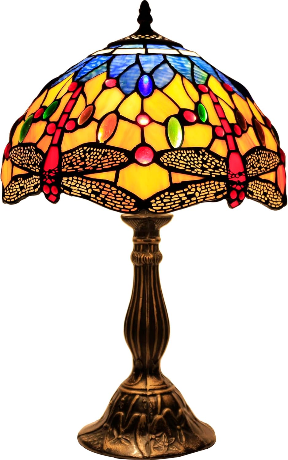 WERFACTORY Tiffany Lamp Stained Glass Bedside Table Lamp Orange Blue Dragonfly Style Reading Desk Light 12X12X18 Inches Decor Bedroom Living Room Home Office S168 Series