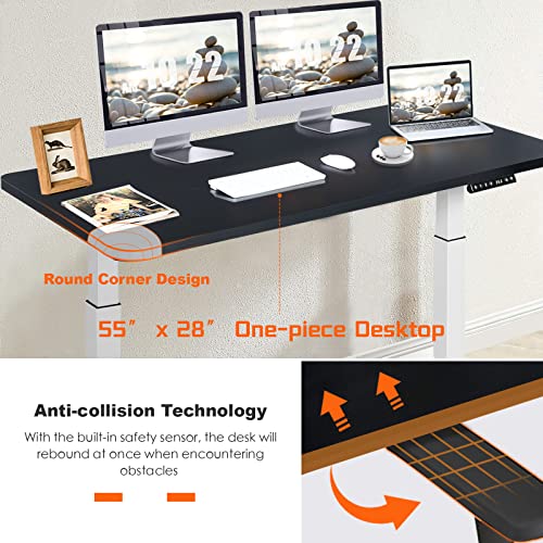COSTWAY Dual Motor Electric Standing Desk, 55" x 28" Height Adjustable Sit Stand Desk with Solid One-Piece Desktop & 3 Memory Presets, Ergonomic Computer Workstation for Home Office (White & Black)