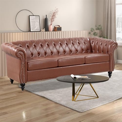 Black Faux Leather 3-seater Couch, 84in Sofas for Living Room, Bedroom, Office, with Rolled Arm, Deep Seating and Buttoned Classic Chesterfield Sofa
