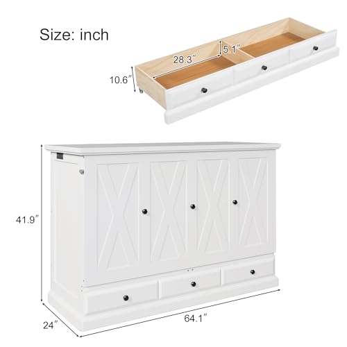 Harper & Bright Designs Queen Size Murphy Bed, Solid Pine Murphy Bed Frame Cabinet with Charging Station and Large Drawer, White