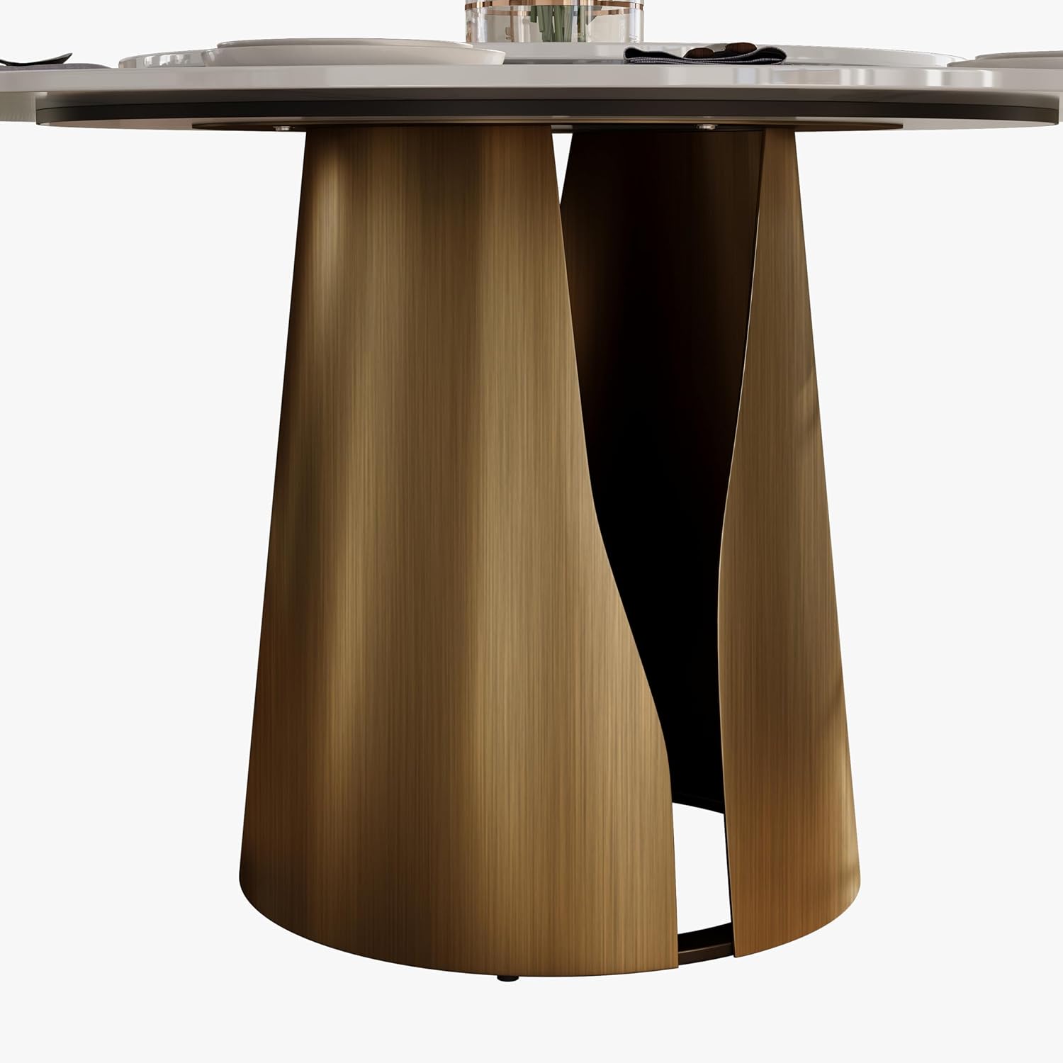 POVISON Round Dining Table for 4-6, Modern Round Dining Table Built in Lazy Susan for Dining Table, 51" Glossy White Sintered Stone Top Dining Table with Bronze Carbon Steel Pedestal(Table Only)