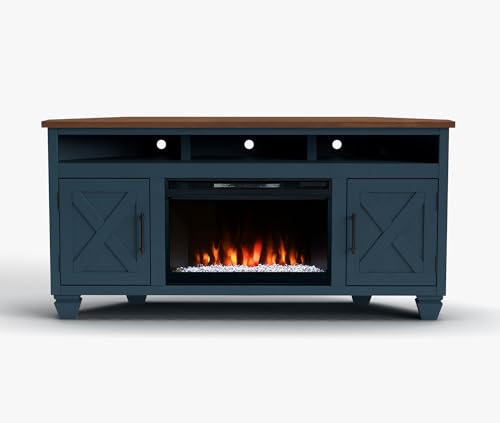 Realcozy Liberty Farmhouse Corner TV Stand Entertainment Center with Fireplace, 64 inches, Accommodates TVs up to 70 inches, Fully Assembled, Knotty Alder Solid Wood, Barnwood Finish