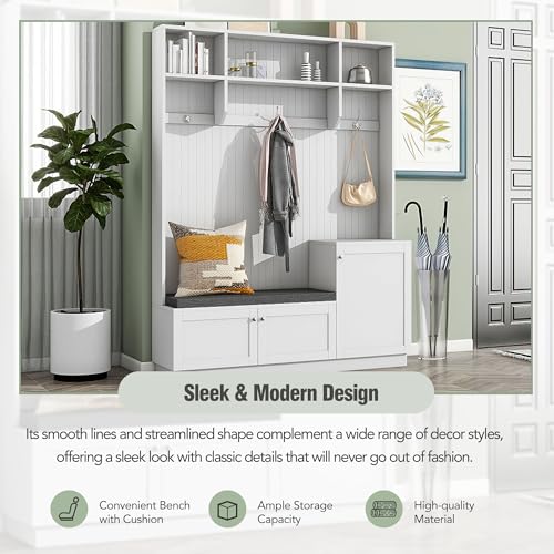Style Hall Tree, Modern Hallway Shoe Cabinet with Flip-Up Bench and Hanging Hooks,Coat Hanger for Entryways Mudroom, Large, 01 Black