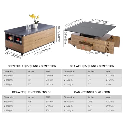 homary Black Lift-Top Coffee Table with Hidden Storage, 3-in-1 Modern Folding Center Table with 4 Stools, Casters, and Lockable Wheels – Convertible Dining & Office Table for Living Room