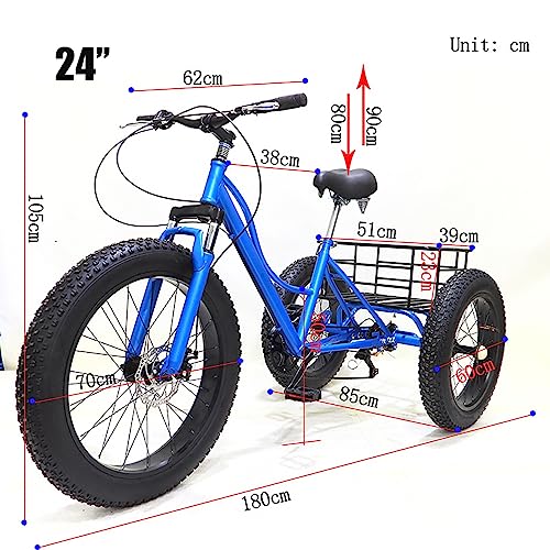 24 inch Adult Tricycle,7 Speed Cruiser Trike, All Terrain Fat Tire 3 Wheel Bikes with Large Basket for Seniors, Women, Men, Adult Trikes for Shopping Picnic Outdoor Sports