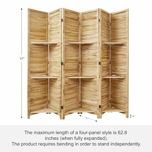 Room Divider with Shelves, 5.6 Ft Tall Folding Wood Screen with Double Hinges for Home Office Bedroom Hotel Decoration (6 Panels, Brown)