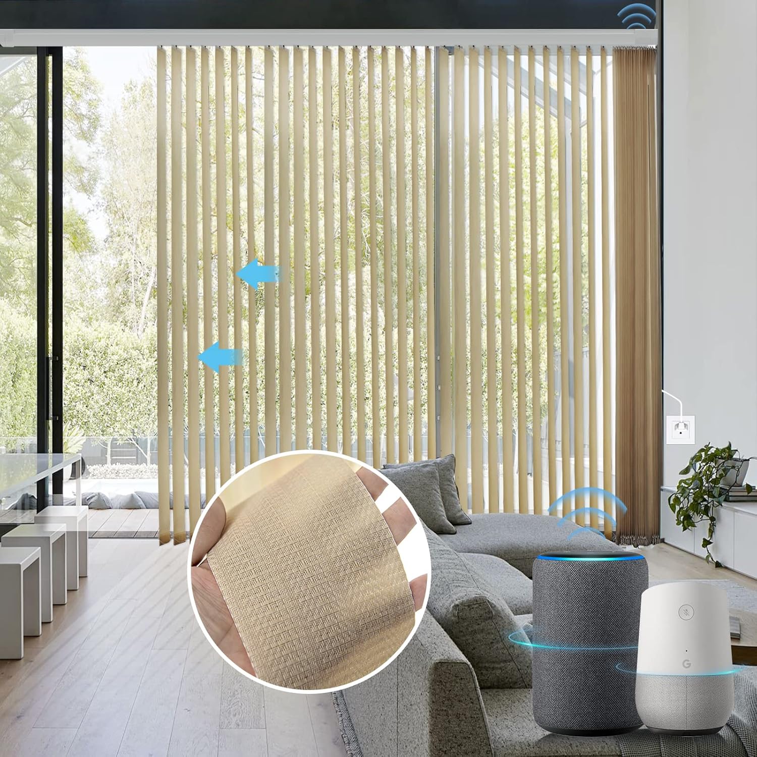 Graywind Motorized Half Shading Vertical Blinds Compatible with Alexa Google Privacy Smart Vertical Blind Remote Control Track Slats Set for Sliding Doors No Valance, Width Up to 157, Textured Khaki