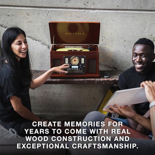 Victrola Navigator 8-in-1 Bluetooth Record Player with Built-in Speakers– 3 Speed Turntable, CD Player, Cassette, FM Radio, USB, RCA Out, Headphone Jack, Wireless Music Streaming, Real Wood (Mahogany)