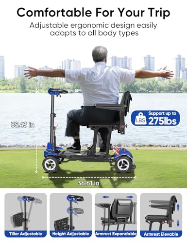 Mobility Scooter for Adults, Seniors - 37.5 lbs Ultra Lightweight Folding Mobility Scooters for Seniors Airport Approved, All Terrain 4 Wheel Motorized Scooter for Travel, 275 lbs Capacity, Blue