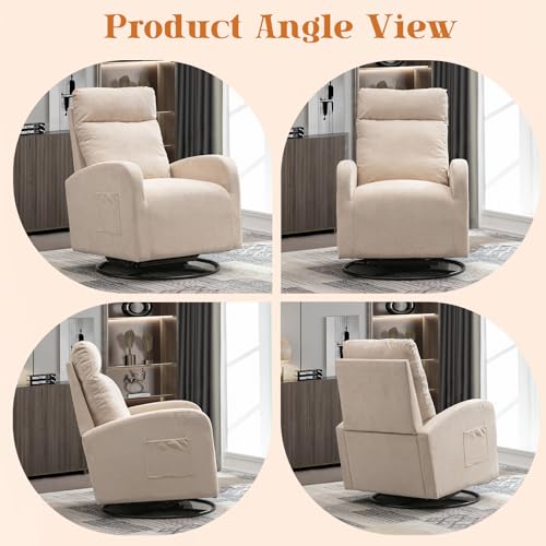 Swivel Rocking Chair Nursery, Modern Glider Chair with Side Pocket and High Backrest, Upholstered Nursery Glider Rocker, Comfy Nursing Chair Recliner for Living Room Bedroom, Reading Room, White Teddy