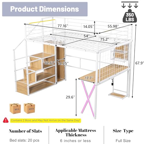 Full Size Loft Bed with Desk and Stairs,Metal Gaming Loft Bed Full with Wardrobe and Shelf, High Loft Bed with LED & USB Charging Station for Teens, Adults, Space Saving Design,Black