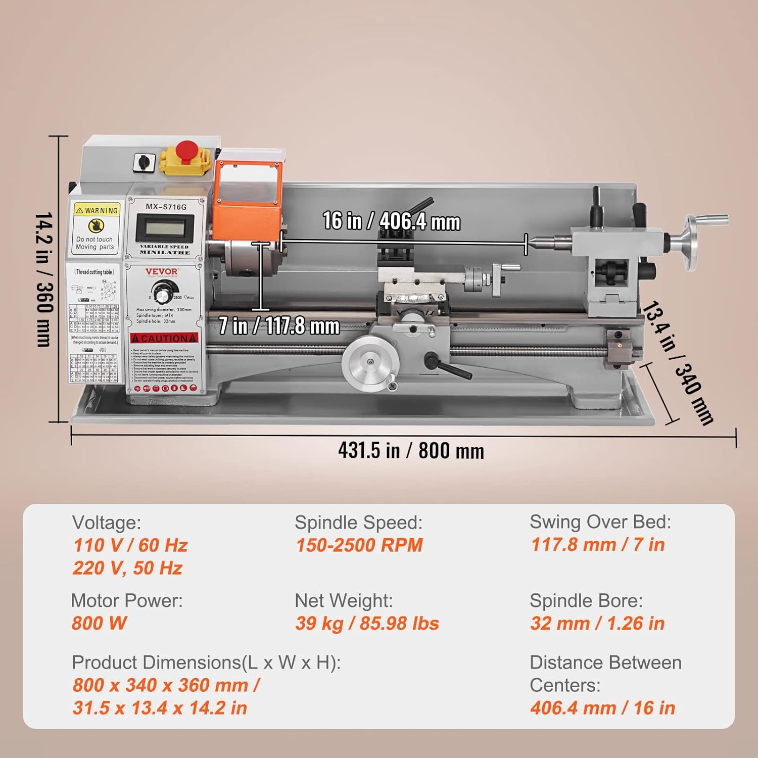 VEVOR Mini Metal Lathe Machine, 7'' x 16'', 800W Precision Benchtop Power Metal Lathe, 150-2500 RPM Continuously Variable Speed, with 3.9'' 3-jaw Metal Chuck Tool Box for Processing Precision Parts
