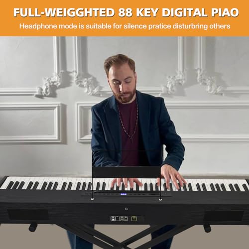 Digital Piano 88 Key Weighted Keyboard with Hammer Action, Full Size Weighted Keyboard piano 88 Key with 2x30W Speakers, Adjustable Stand, Carrying Case, Sustain Pedal, Headphone, ABS, Black