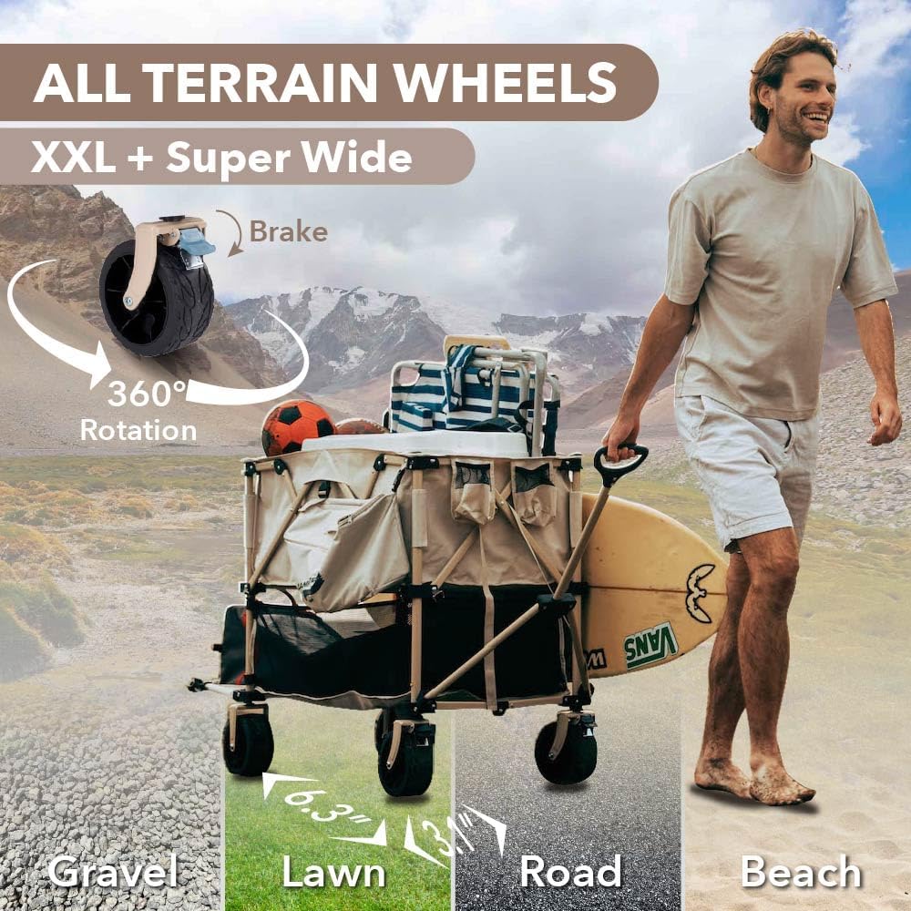 400L Collapsible Folding Double Decker Beach Wagon |Heavy Duty Utility Cart Extender|Supports 450lbs|All-Terrain Big Wheels with Breaks for Sports Camping (Beige/Beige)