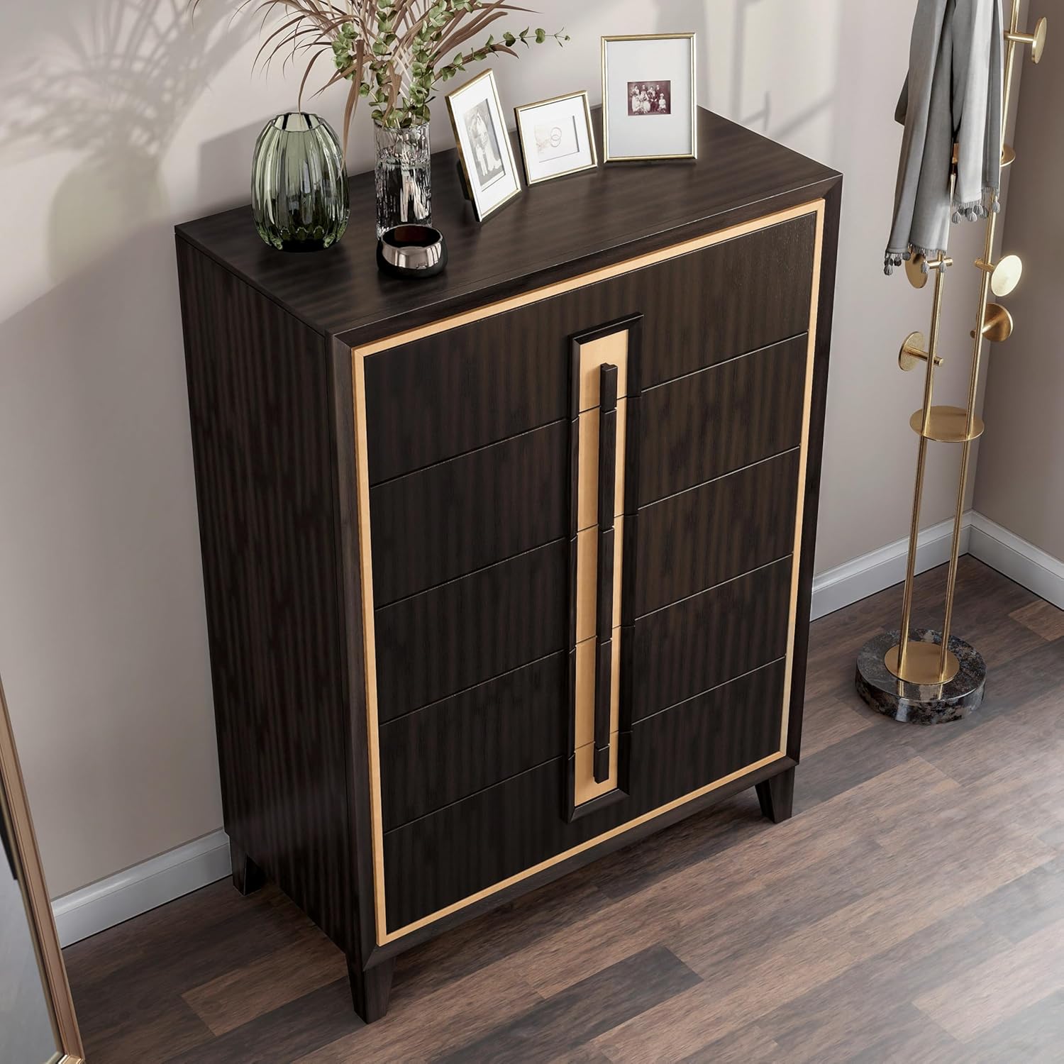 Furniture of America Delbert Modern Solid Wood Chest with Clothing Storage and Gold Accent Trim, 5-Drawer Cabinet, Tall Dresser for Bedroom, Guest Room, Space Saving, Espresso