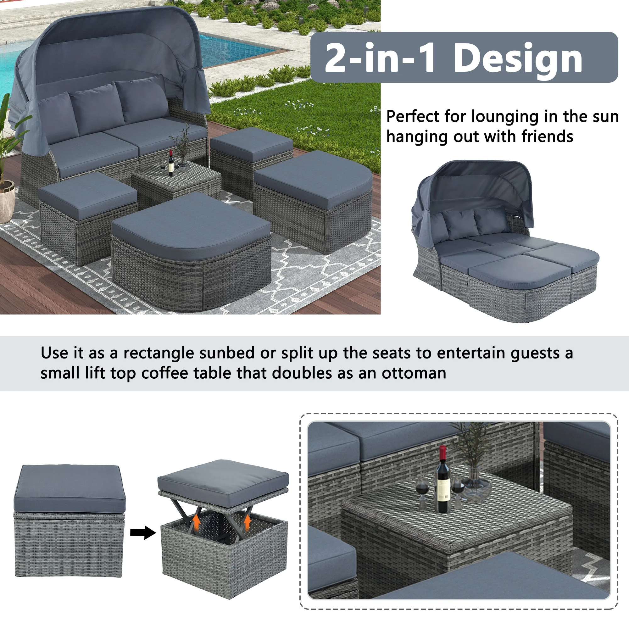 Holaki Outdoor Patio Rectangle Daybed with Retractable Canopy, Wicker Furniture Sectional Seating with Washable Cushions, Gray