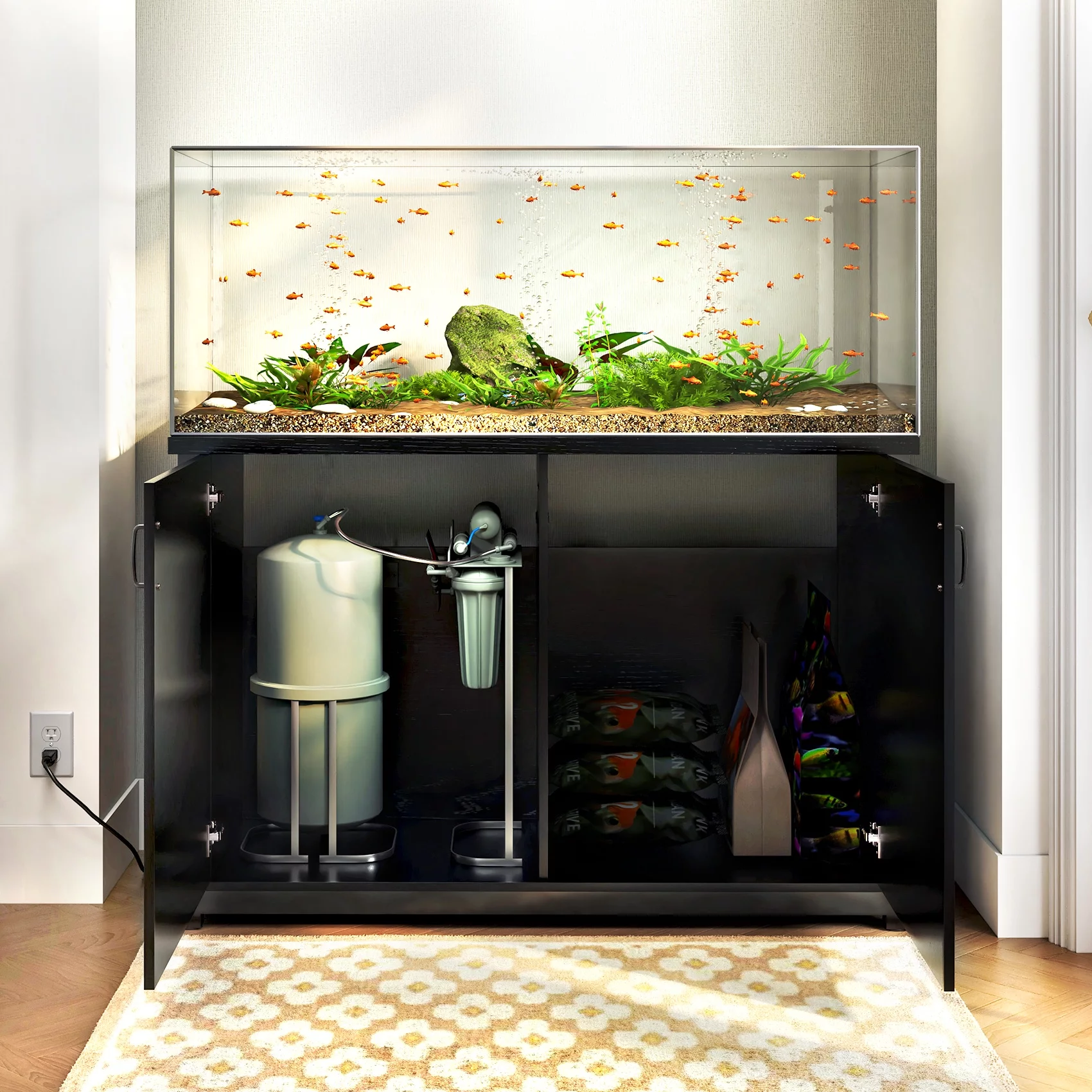 TC-HOMENY 55-75 Gallon Aquarium/Fish Tank Stand with Cabinet and Charging Station/Power Outlets, Black