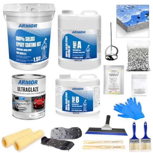 Garage Epoxy Floor Kit – 100% Solids - 2 Part Industrial-Grade Coating w/UltraGlaze Topcoat | DIY Slip & Hot Tire Resistant | 300 Sq Ft - Blue - 17 pc kit