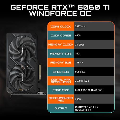 GIGABYTE GeForce RTX 5060 Ti Gaming OC 16G Graphics Card, 16GB 128-bit GDDR7, PCIe 5.0, WINDFORCE Cooling System, GV-N506TGAMING OC-16GD Video Card