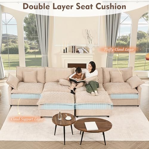 108" U Shaped Couch, Modular Sectional Sofa, 3-Seater Comfy Cloud Couch with Movable Ottoman, Deep Seat Couches for Living Room, Chenille, Black