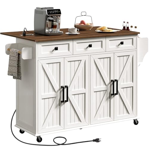 Kitchen Island with Drop Leaf, Kitchen Cart with Charging Station, Kitchen Table with Storage, Rolling Island Table with 3 Drawers, Towel Rack and Spice Rack, White and Walnut